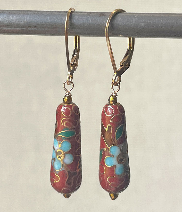 Cinnamon Teardrop Vintage Cloisonné Earrings