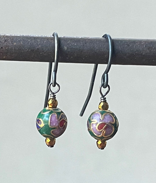 Emerald Green Vintage Cloisonné Earrings