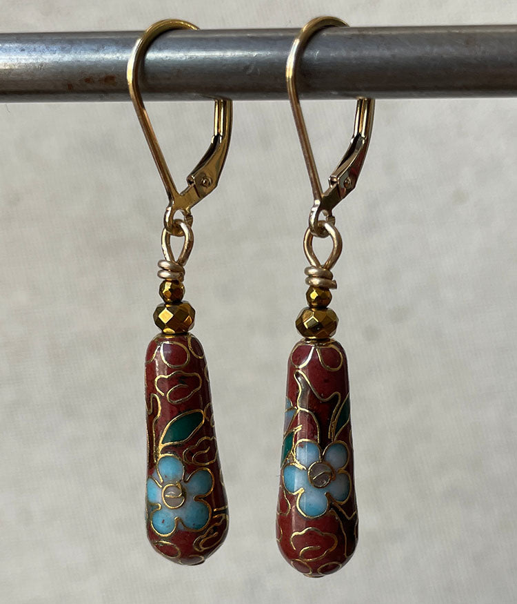 Cinnamon Teardrop Vintage Cloisonné Earrings