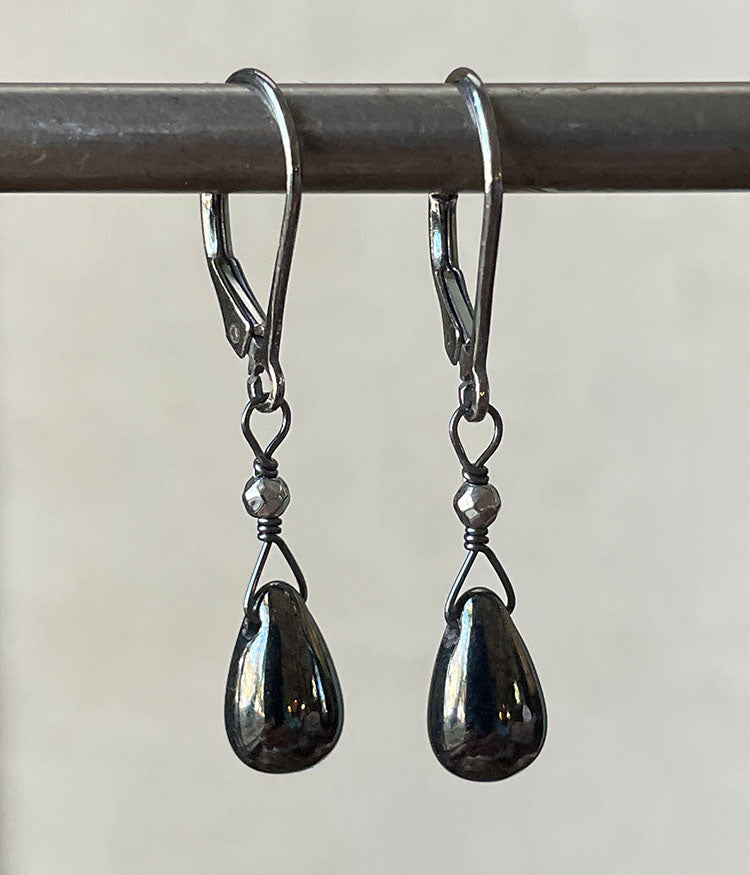 Gunmetal Glass Teardrop Earrings