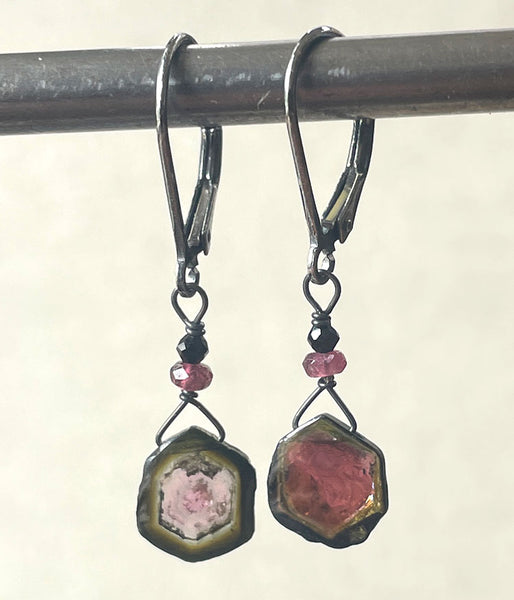 Hexagonal Watermelon Tourmaline Earrings
